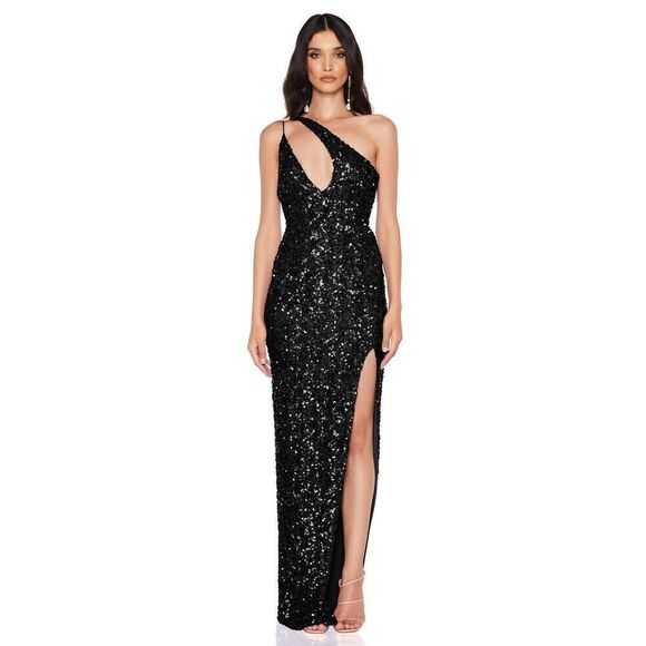 Nookie Revel Sequin gown cocktail Datenight One shoulder Maxi Dress S NWT$489 - Picture 1 of 8